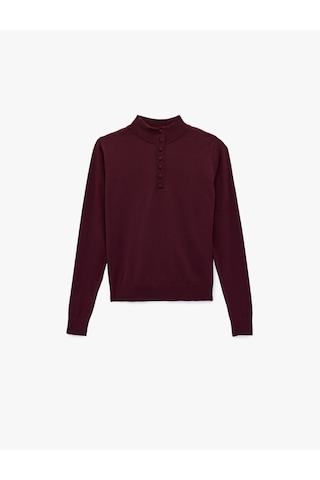 Koton Regular Fit Uzun Kollu Yarım Düğme Detaylı Dik Yaka Triko Kazak Bordo 6wak90556ht Bordo