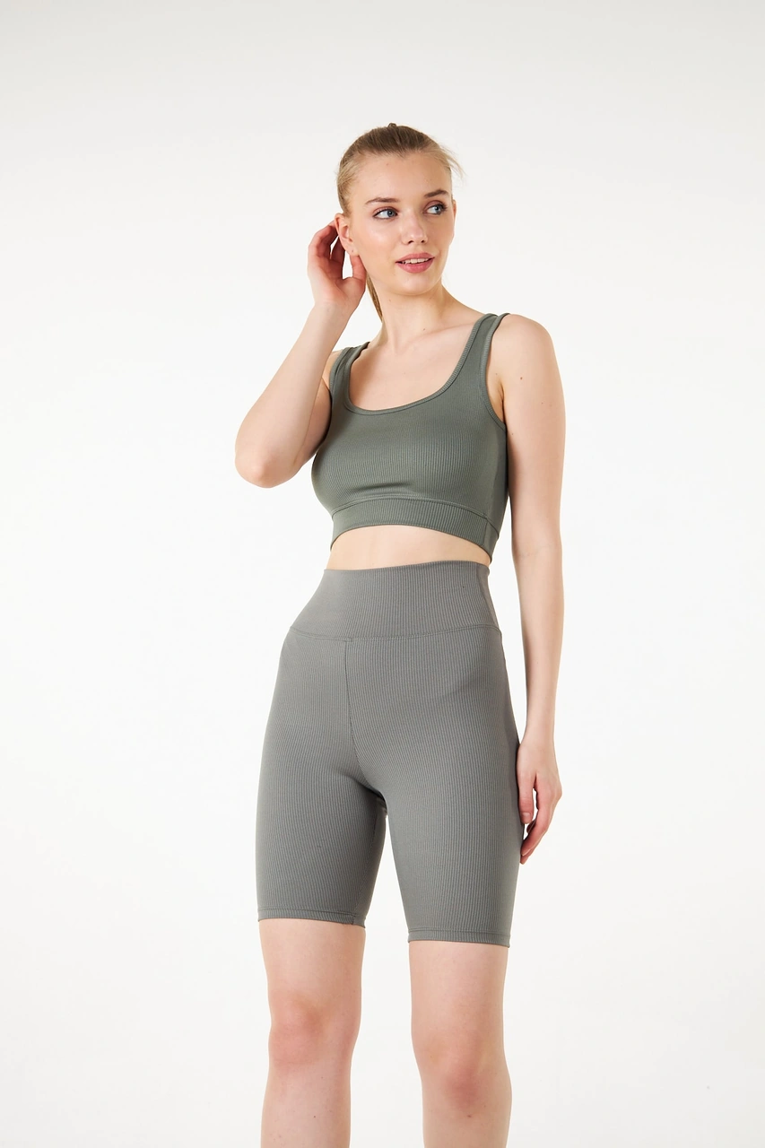 Thiff Gymwear Haki Yüksek Bel Toparlayıcı Kısa Şort Spor Fitilli Biker Tayt Haki