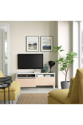 Tv Sehpası, Beyaz-huş Kaplama, 120x42x48 Cm, Bjorkovıken, Fren Raylı Beyaz