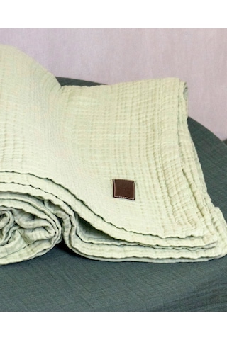 4 Katlı Müslin Yatak Örtüsü - Battaniye Pike %100 Organik Pamuk Dört Mevsim Yumuşak Çift Kişilik Açık Yeşil