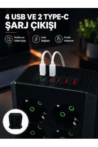 Hepsi 8'li Dikey Çoklu Priz 4 Usb 2 Type-c Akım Korumalı Anahtarlı Priz Najmaddin
