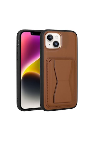 Zore Apple iPhone 14 Uyumlu Kartlıklı Standlı Pu Deri Omsy Memo Kılıf-kahverengi