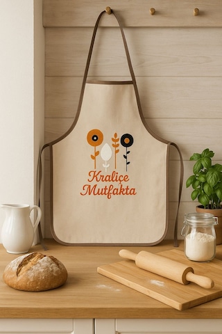 Kraliçe Mutfakta Nakışlı Keten Yıkanabilir Mutfak Önlüğü Standart Beden 1 Adet 50x70 Cm Bej