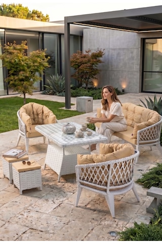Liatris Serisi 1. Sınıf 3+1+1+2 Puf Beyaz Rattan Cappucino Minder Bahçe Balkon Oturma Koltuk Takımı