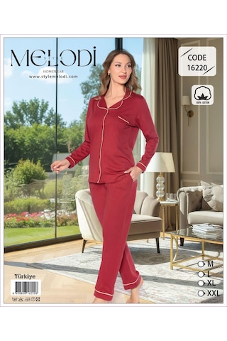 Melodi Kadın %100 Pamuk Önden Düğmeli Uzun Kol Baharlık Pijama Takımı 16220- 1 Adet Bordo