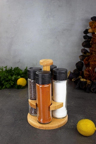 Kukiwood Ginger 4'lü Baharatlık Takımı, Ahşap Standlı Yuvarlak 4'lü Baharatlık Seti Genel