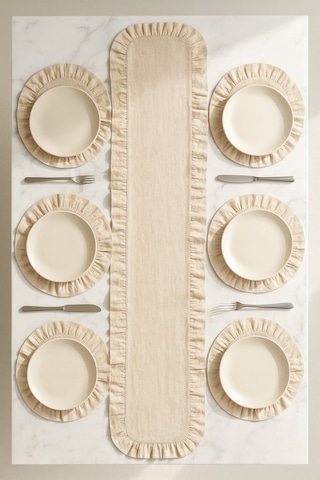 Fırfırlı Runner Ve Supla Takımı - Masa Örtüsü Takımı 7 Parça 145x40 Bej