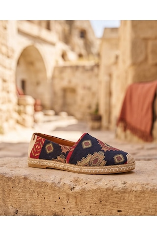 Futsishoes Vıola Lacivert Hakiki Deri Kilim Desenli Kadın Etnik Desen Espadril Ayakkabı