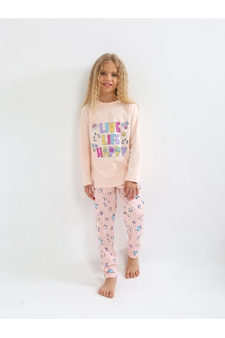 Kız Çocuk Uzun Kollu %100 Pamuklu Pijama Takımı Happy Life SOMON