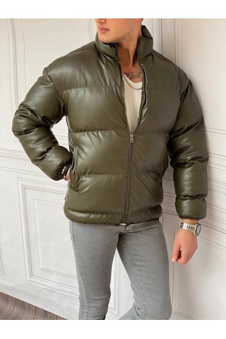 Modefendi Şişme Oversize Yüksek Kalite Deri Mont Haki