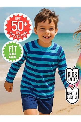 Denokids Uv Korumalı Çizgili Erkek Çocuk Mayo T-shirt Renkli