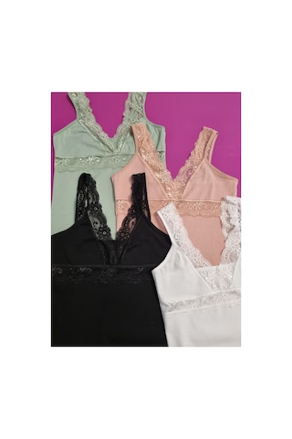 Demirsa Boutique Dantel Askılı V Yaka Modal Kumaş Siyah, Beyaz, Pudra Ve Yeşil Renk 4'lü Kadın Atlet Siyah-beyaz-pudra-yeşil