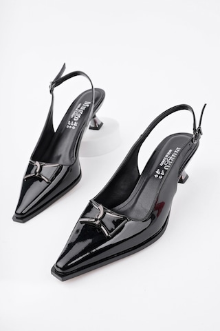 Muggo Forest Arkası Açık Toka Detaylı Günlük Klasik Topuklu Kadın Stiletto Ayakkabı Siyah-Rugan