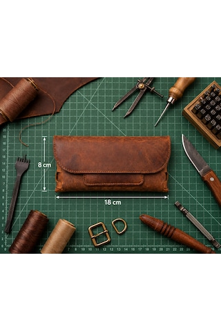Vintage Leather Craft Hakiki Deri El Portfoyü Telefon Bölmeli Açık Kahverengi - Taba