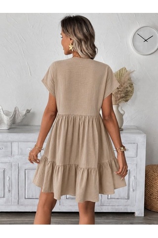 Butik İstanbul Kadın Kısa Kollu V Yakalı Fırfırlı Kısa Elbise Bej
