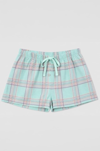 Markapia Kadın %100 Pamuk Ekose Desenli Bağcıklı Pijama Şort Turkuaz