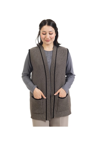 Kadın Orta Yaş ve Üzeri Triko Örgü Minik Baklava Desen Düğmesiz Anne Yelek 332 - L Siyah