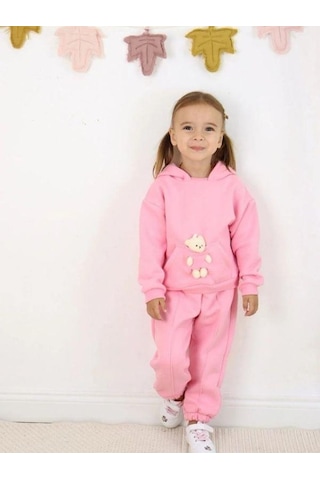 Kız Çocuk Ayıcıklı 3 İplik Şardonlu Eşofman Takım-15058 Pembe