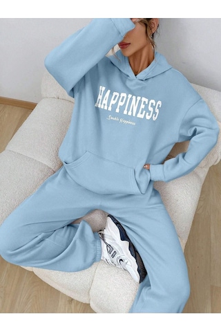 Happiness Eşofman Takımı Sweatshirt Jogger - Bebe Mavi Baskılı Oversize Şardonlu Kapüşonlu Bebe Mavi