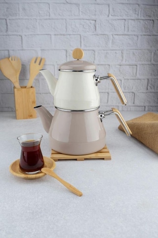 Lumino Bambu Kulplu Çaydanlık Takımı Bej