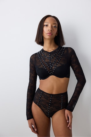 Penti Shinny Lace Dantel Uzun Kollu Siyah Croplet