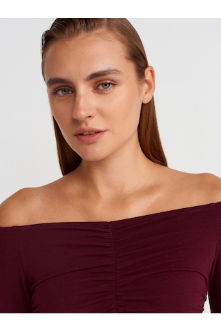 Dilvin 32089 Omuzları Açık Büzgülü Top-bordo Bordo