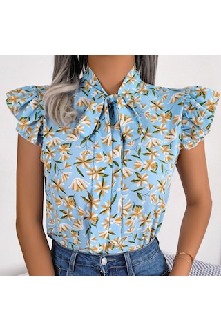 Gmxıa Kadın Modası Rahat Yaz Çiçek Desenli Kolsuz V Yaka Bluzlar Ve Ahşap Kulak Kenarlı Fiyonklu Şifon Gömlekler Bebek Mavisi