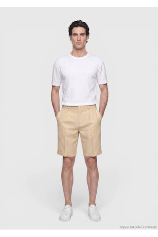 Ramsey Açık Sarı Düz Dokuma Casual Fit Casual Keten Karışımlı Bermuda