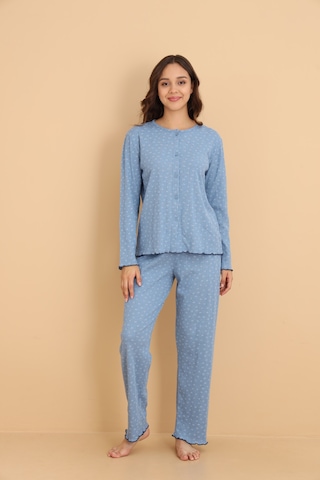 Wordex Mirano 8454 Pointel Kumaş Boydan Düğmeli Günlük Çiçekli Kadın Pijama Takımı Mavi