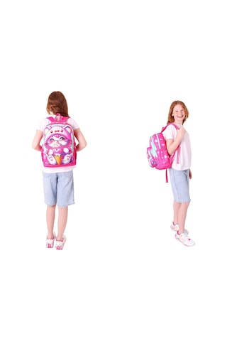 Kaukko Kids Layer Kız Çocuk Okul Çantası + Kalem Çantası Seti Pembe - Dondurma Yiyen Kedi Pembe