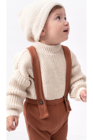 Bebicix Triko Kazak Oversize Esnek Salopet Bereli Unisex Bebek Takım Kahverengi