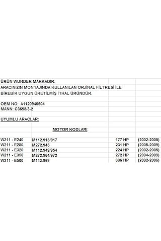 W211 E240. E280. E320. E350. E500 Hava Filtresi 1120940604