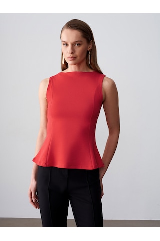 Dilvin 21001 Kayık Yaka Peplum Top-kırmızı