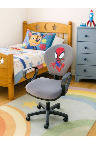 Örümcek Adam Desenli Çocuk Odası Ders Çalışma Sandalyesi Ofis Koltuğu Tekerlekli Çocuk Sandalyesi Gri