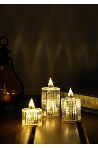 3lü Kristal Desenli Led Mum Seti Pilli Dumansız Alevli Ledli Dekoratif Yapay Mum Beyaz