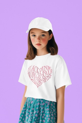 Sevbano Blackpink Kalp Baskılı Unisex Müzik Grubu Çocuk Tişört 1-12 Yaş Beyaz