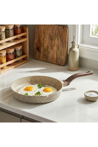 Oms 3738 Biogranit Döküm Grill Ergonomik Saplı 3 Parça Tava Seti Kum Beji 20-24-28cm Kum Beji