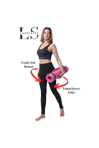 Looksense Kadın Siyah Yüksek Bel Çift Cepli Toparlayıcı Fitness Spor Tayt 1005 001