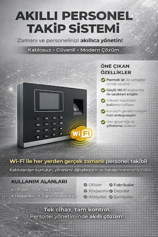 Kablosuz Wifi Kartlı Parmak İzi Personel Takip Cihazı -Web Giriş Çıkış Yazılımı (25 Kart Dahil)