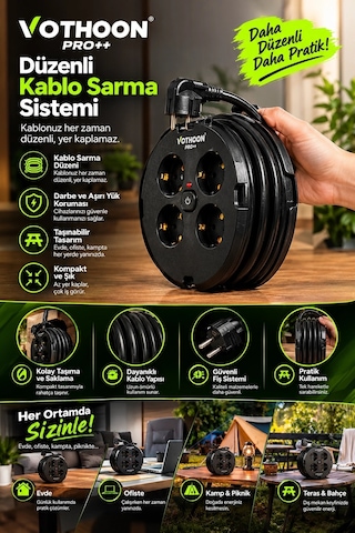 4 Lü Priz Makarası 2 Metre Kablolu, 2 Usb-a + 2 Usb-c Şarj Çıkışlı, Açma/kapama Düğmeli, 2200w 10a 1