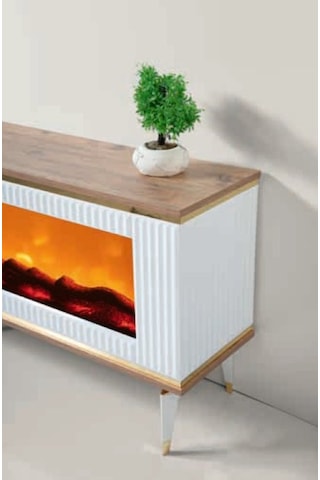 Bera Marmo - Gümüş Şömineli Sedef Tv Sehpası Beyaz - Gümüş