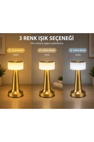 Dokunmatik Şarjlı Led Masa Lambası - 3 Kademeli Işık Ayarlı, Kablosuz Dekoratif Gece Lambası, 1800 Mah Taşınabi Çok Renkli