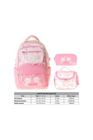 Calacilo Kedi Baskılı Pembe Kız Çocuk Üçlü İlkokul Okul Çantası Seti - Setcc-c4038a Pembe - Krem