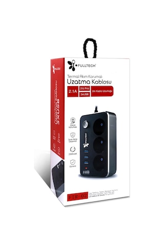 Fulltech FTR-02 3'lü Termal 2 M Akım Korumalı Priz Siyah
