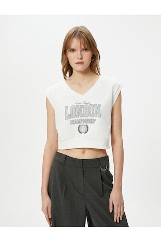 Koton Kısa Kollu Sweatshirt V Yaka Baskılı Beyaz 4sak10273ek Beyaz