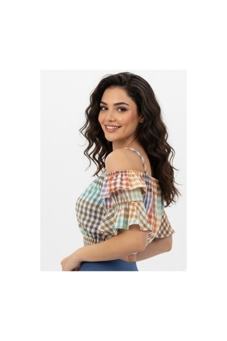 Polologin Butik Kadın Çok Renkli Ekose Desenli, Volanlı Crop Bluz Turuncu