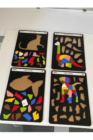 Dinozor, Kedi, Köpek Ve Balık Sevimli Hayvanlar Puzzle 4'Lü Set