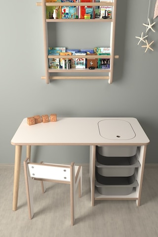 Çocuk Oyun Ve Aktivite Masası - 1 Sandalye - Gri Sepetli Beyaz-gri Beyaz - Gri
