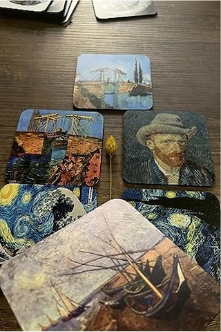 Van Gogh Temalı Ahşap Bardak Altlığı, 6'lı Set 9x9cm 1