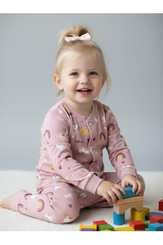 Zekids Kız Bebek Pamuklu Önü Çıtçıtlı Desenli Pijama Takımı-16270 Çok Renkli
